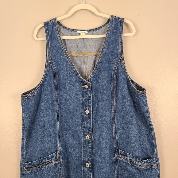 American Eagle Classic Cotton Minimal Blue Denim Tank Button-front Dress Pockets - Picture 3 of 7